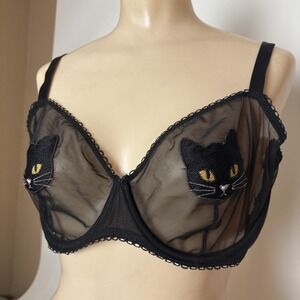 Adore Me Alyshia Unlined Demi Bra Women 42D Black Embroidered Cat Sheer Mesh